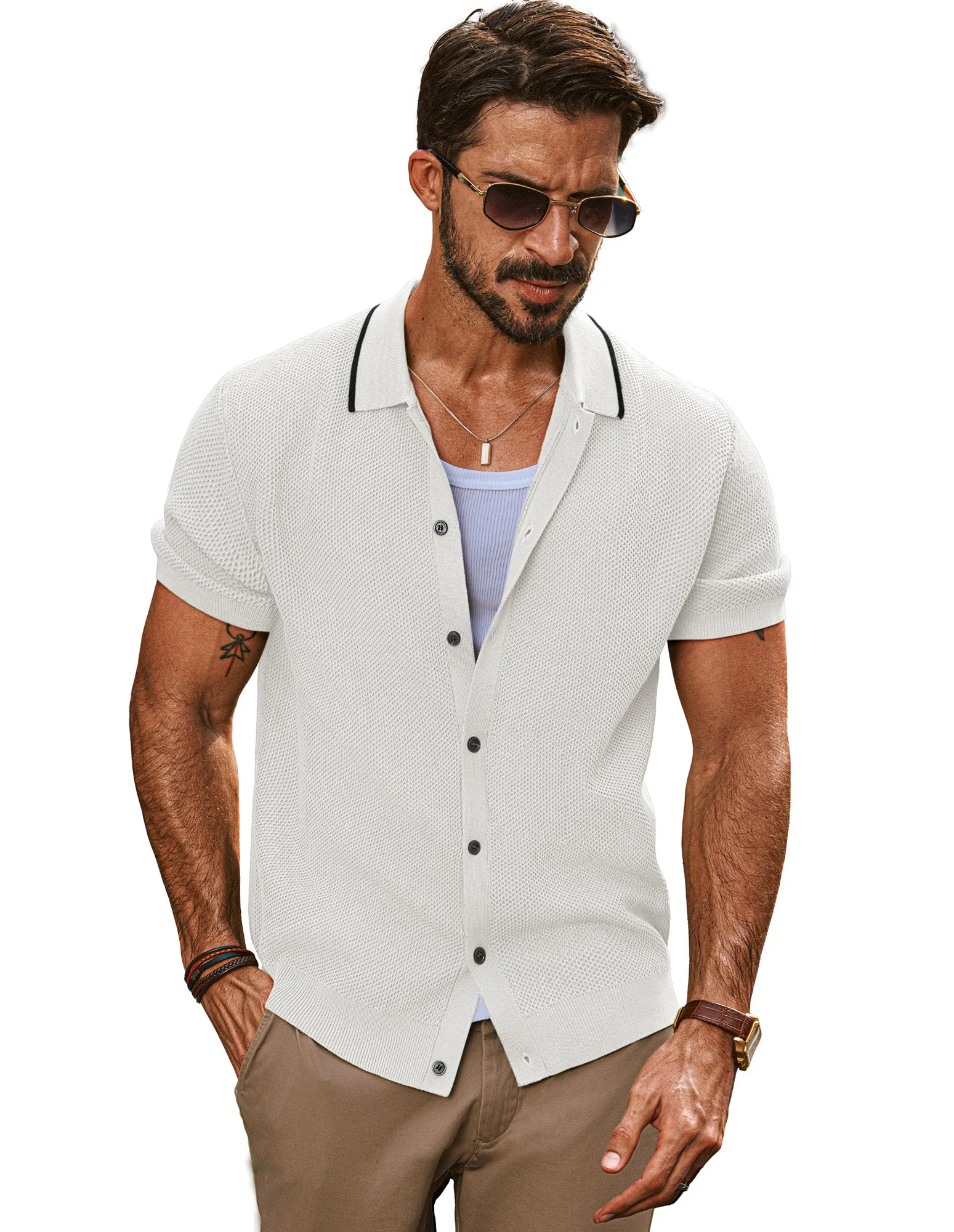 Men Textured Cardigan Short Sleeve Lapel Collar Button-up Sweater Knitwear