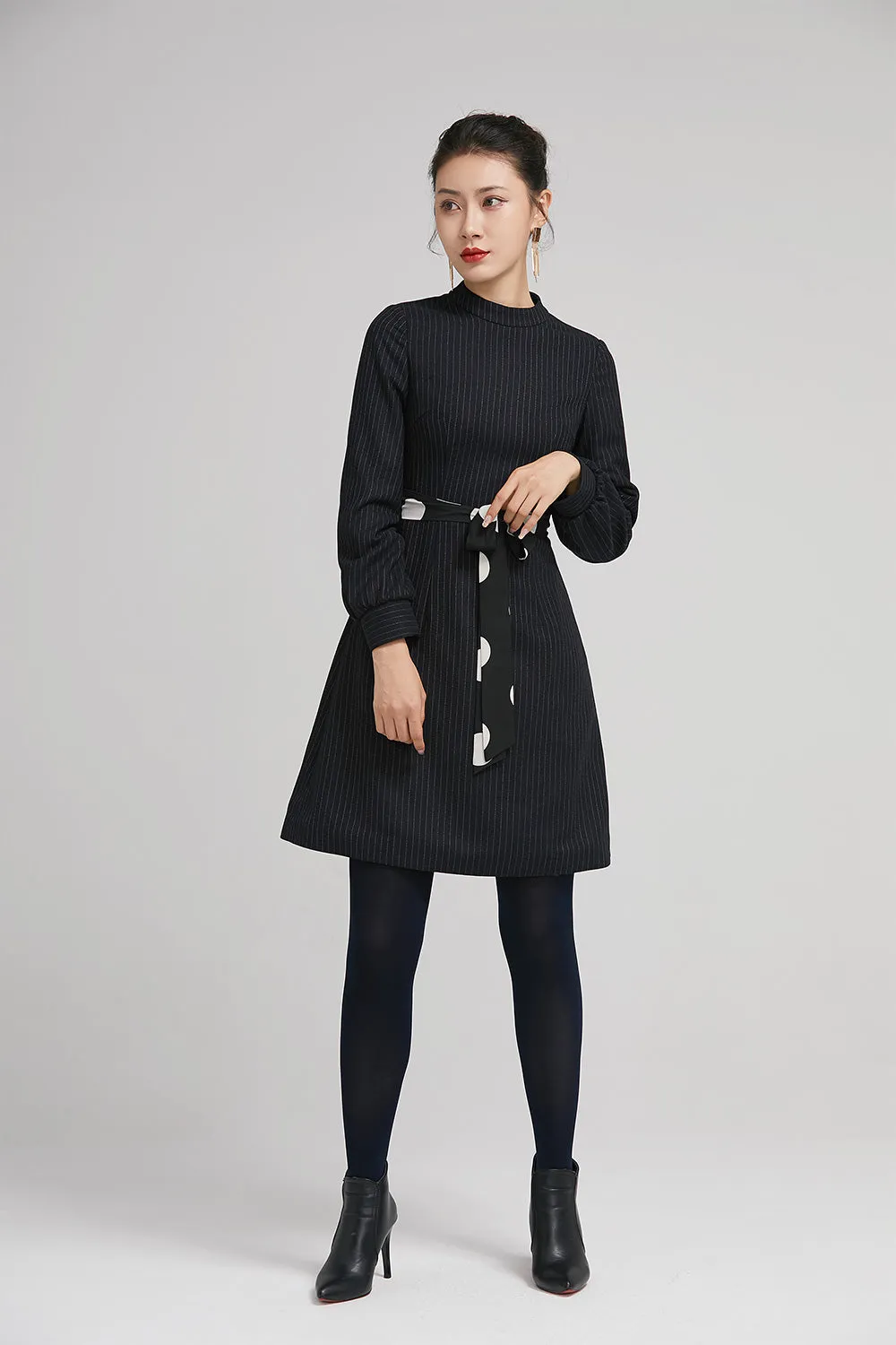 navy blue winter short wool dress with long sleeves 2239