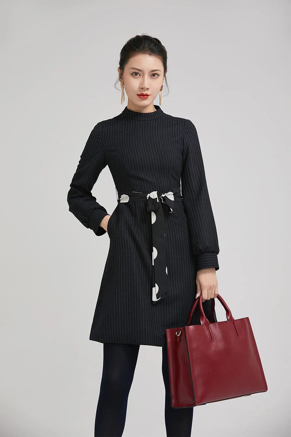 navy blue winter short wool dress with long sleeves 2239