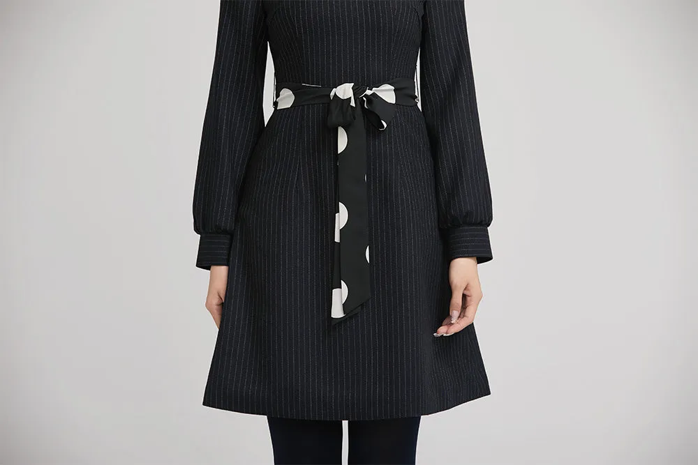 navy blue winter short wool dress with long sleeves 2239