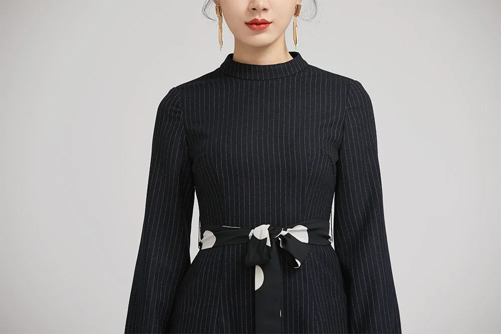 navy blue winter short wool dress with long sleeves 2239