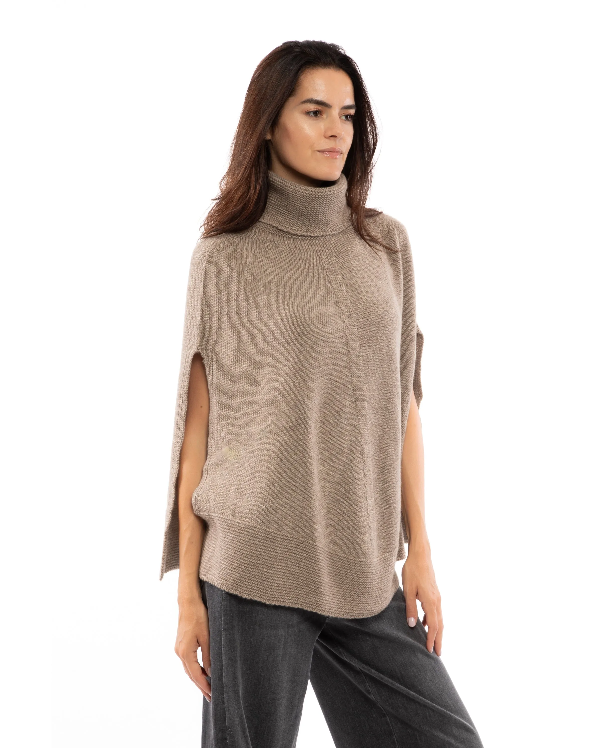 NEW FALL 24 - Pure Cashmere Turtleneck Poncho Taupe