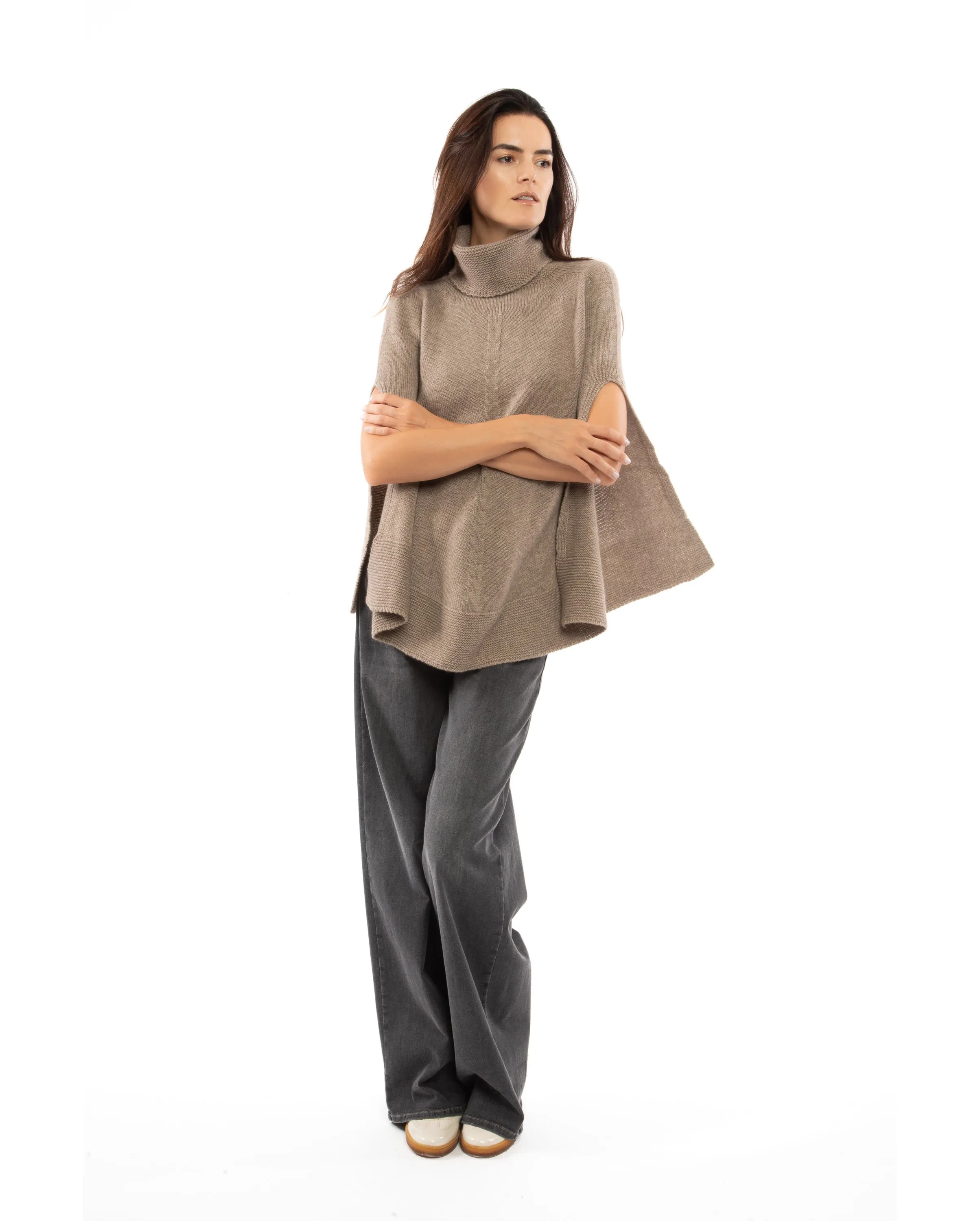 NEW FALL 24 - Pure Cashmere Turtleneck Poncho Taupe