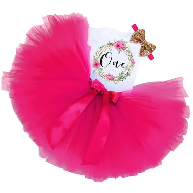 Newborn Baby Girl 1st Birthday Dress Outfit Romper Tulle Tutu Skirt Headband 3pcs