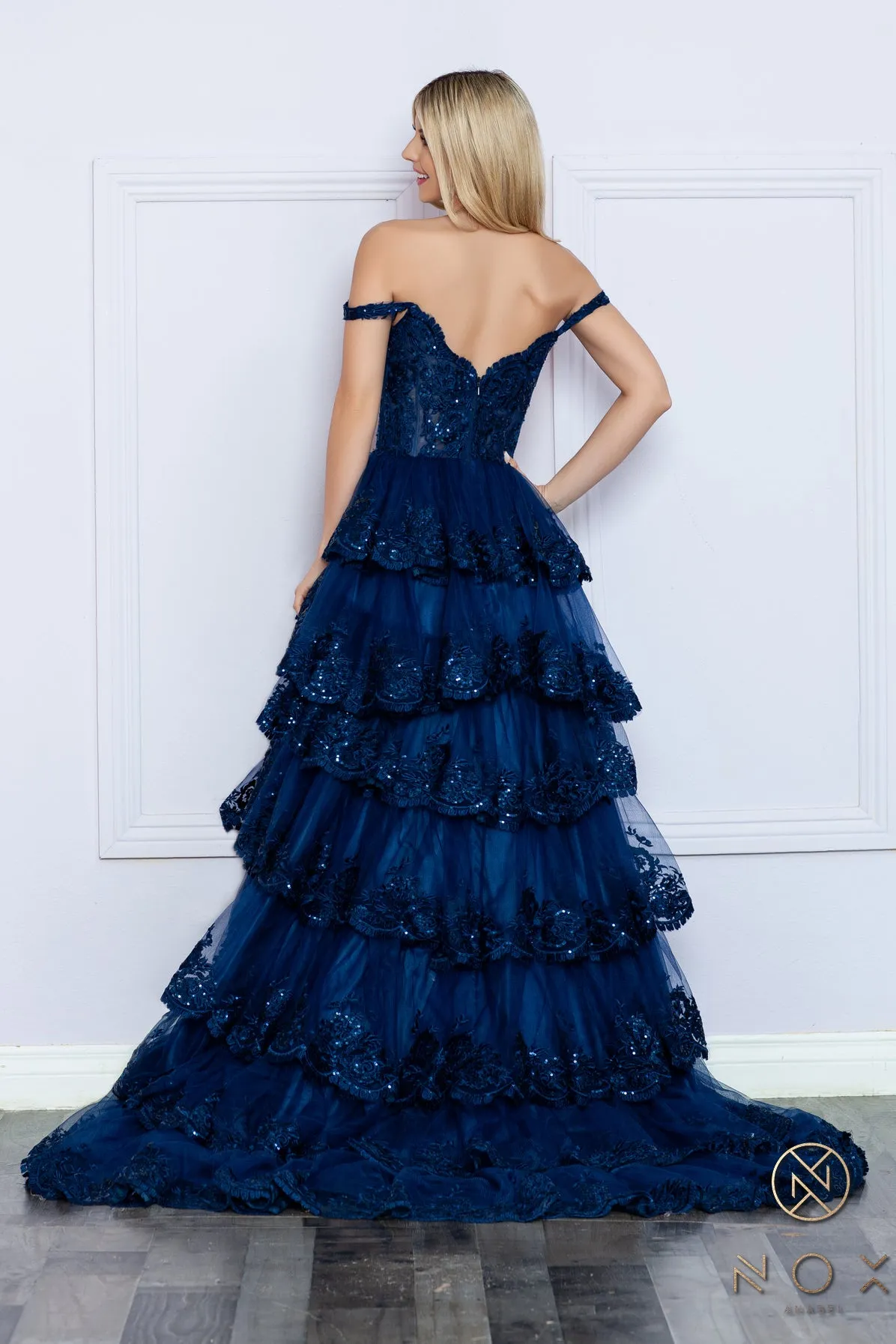 Nox Anabel R1299 Ruffle Lace High Slit Skirt Prom Dress Corset Sequin off the shoulder Formal Gown