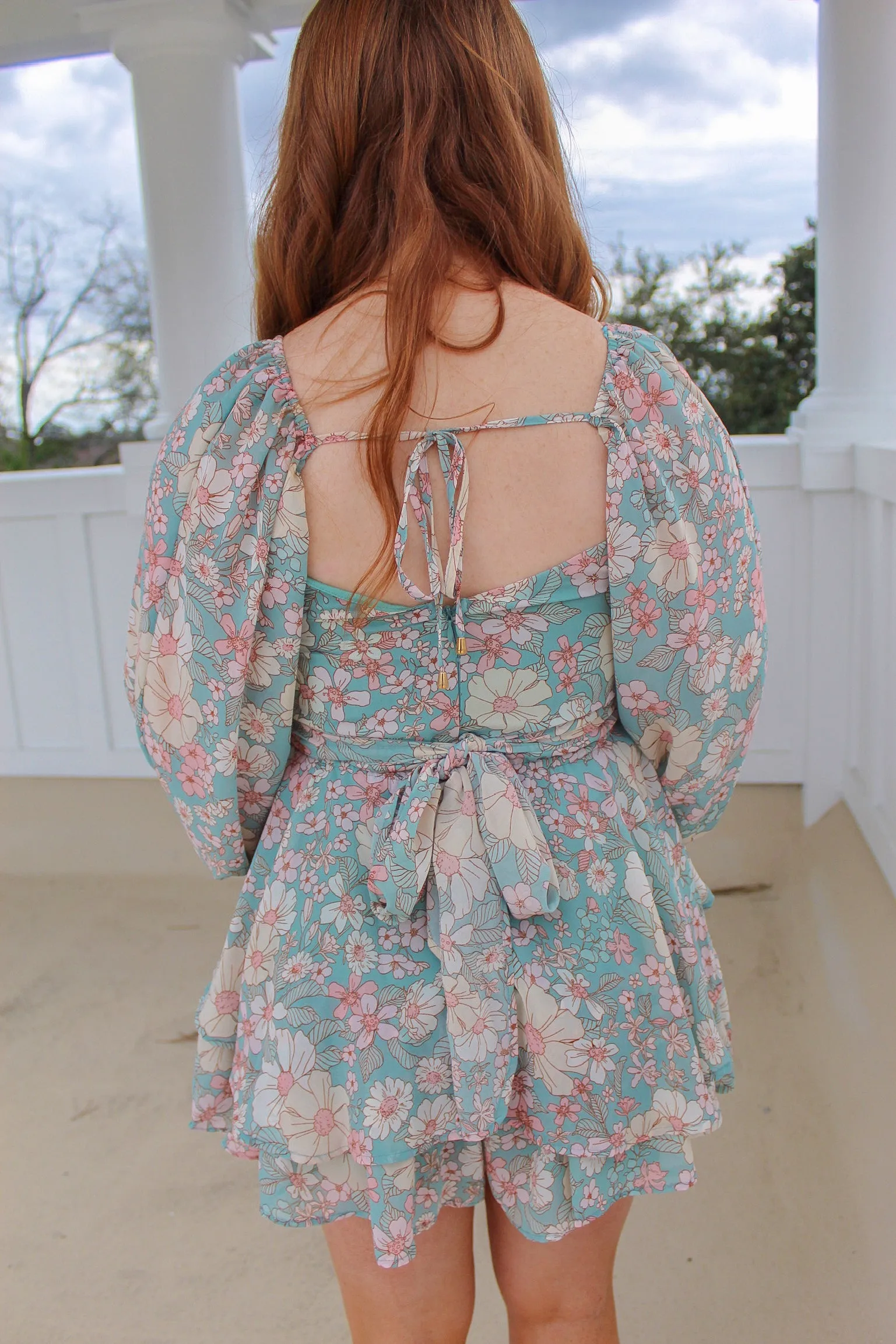 Nyla Floral Ruffled Long Sleeve Romper- Aqua