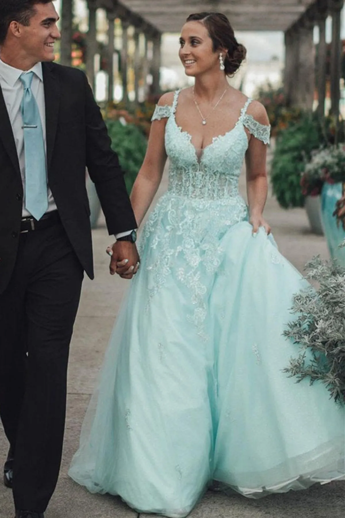 Off Shoulder Mint Green Lace Tulle Long Prom Dress, Mint Green Lace Formal Dress, Mint Green Evening Dress A1563