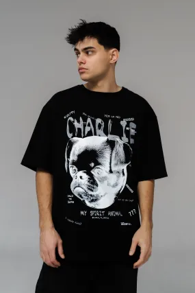 Oversized Unisex Cotton T-Shirt with "Charlie Griffon" Print – Black