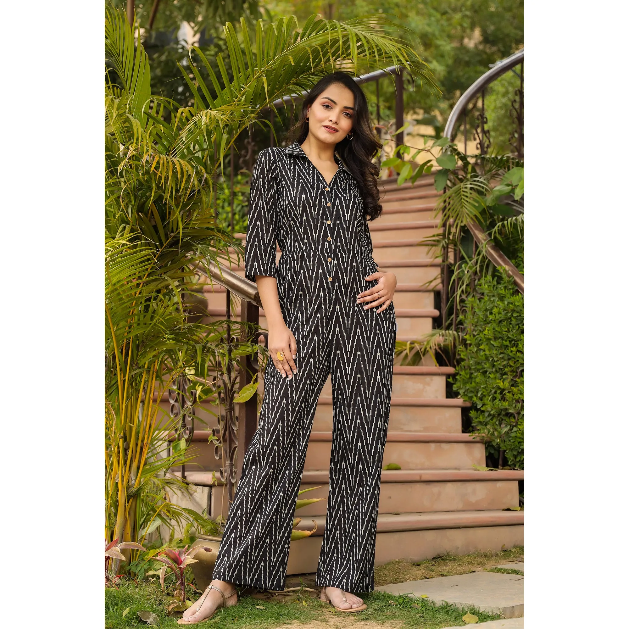 Patterned Zig-zag on Black Jumpsuit