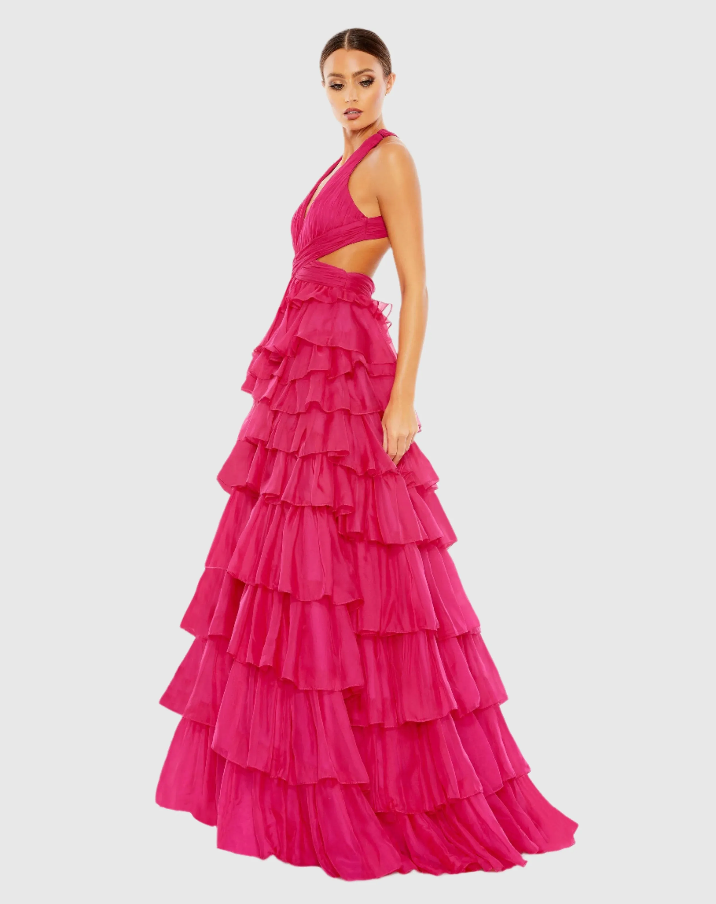 Pink Chiffon Layered Cut Out Ballgown