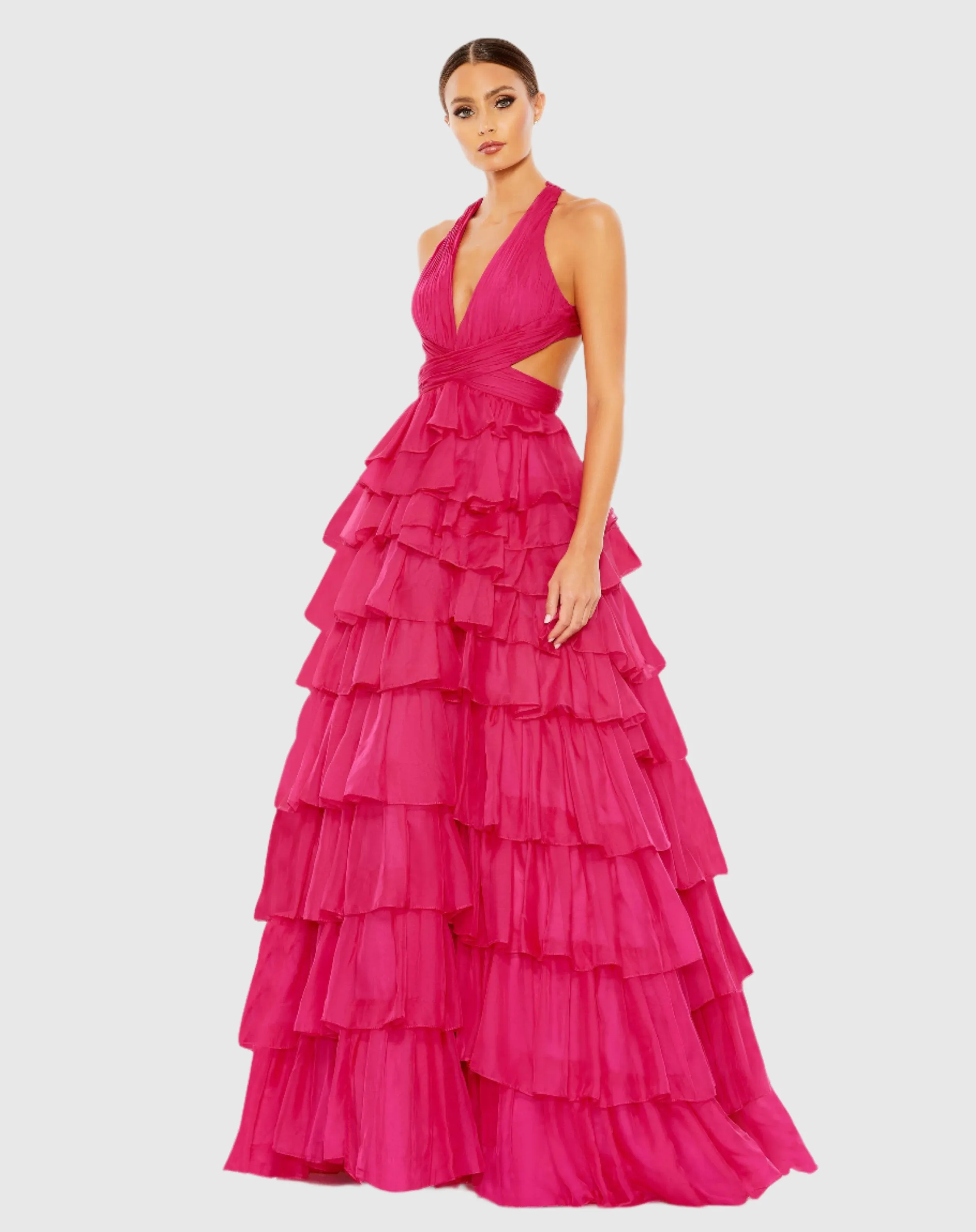 Pink Chiffon Layered Cut Out Ballgown