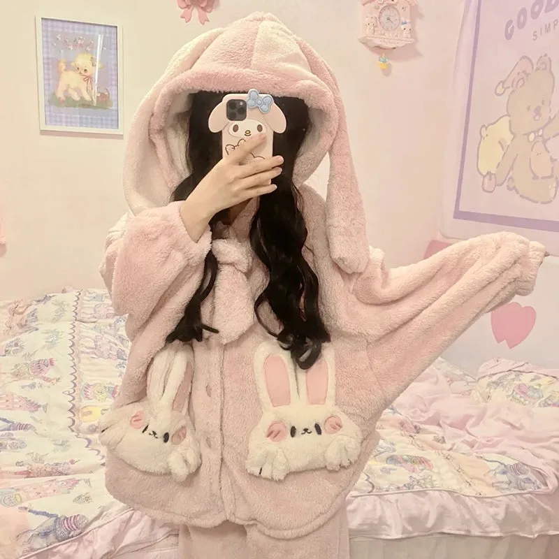 Pink Rabbit Plush Coral Fleece Pajamas Sleepwear Top & Pants