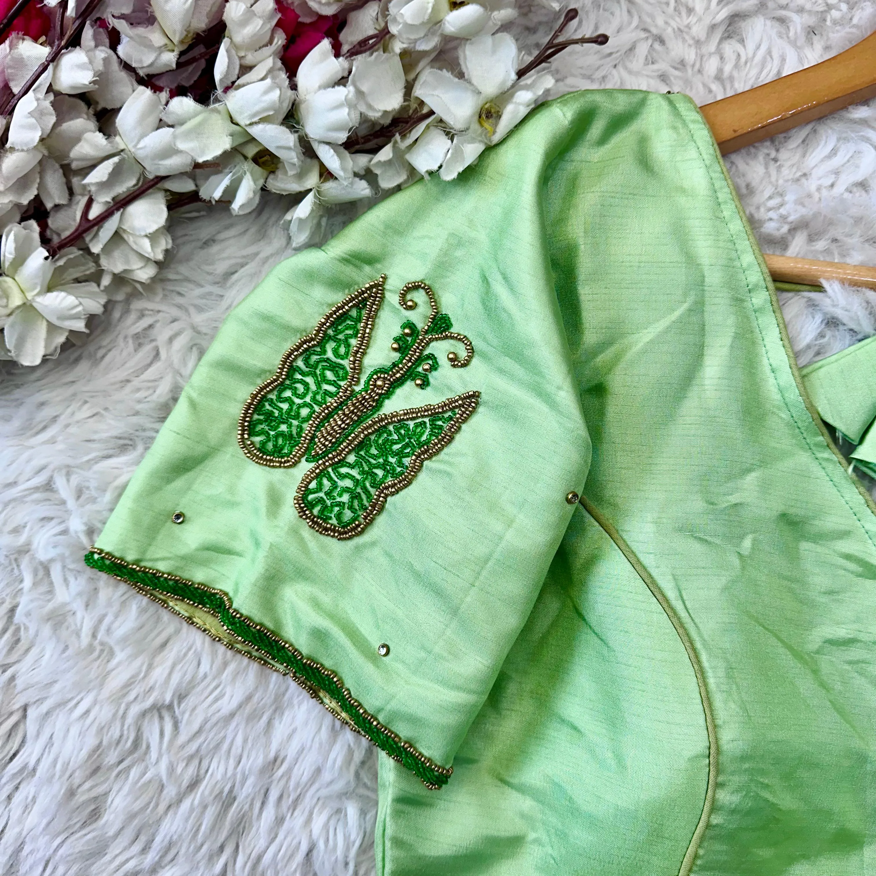 Pista Green Color Handcrafted Wedding Blouse Collection in Mayo Silk