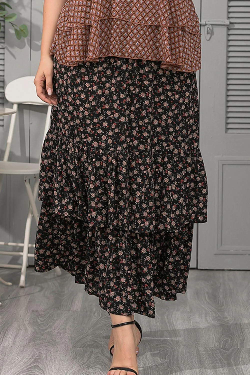 Plus Black Floral Layered Maxi Skirt