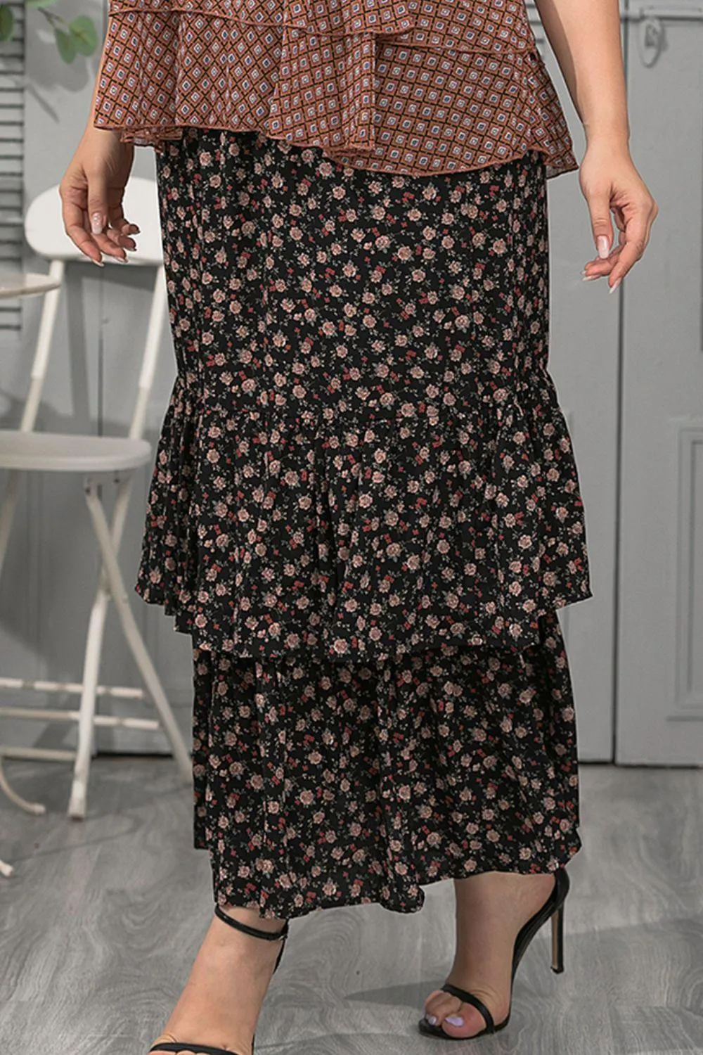 Plus Black Floral Layered Maxi Skirt