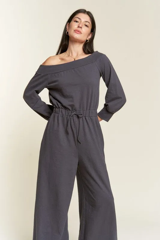 Plus Size Grey One Shoulder Terry Knit Jumpsuit