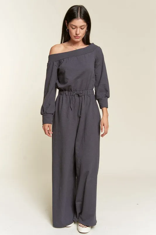 Plus Size Grey One Shoulder Terry Knit Jumpsuit