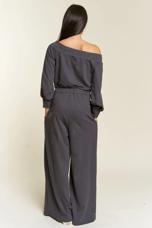 Plus Size Grey One Shoulder Terry Knit Jumpsuit