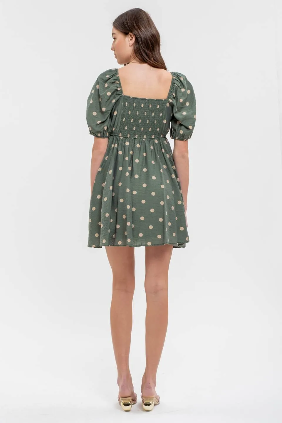 POLKA DOT BALLOON SLEEVE PLEATED MINI DRESS