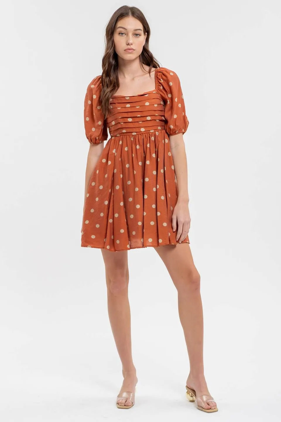 POLKA DOT BALLOON SLEEVE PLEATED MINI DRESS