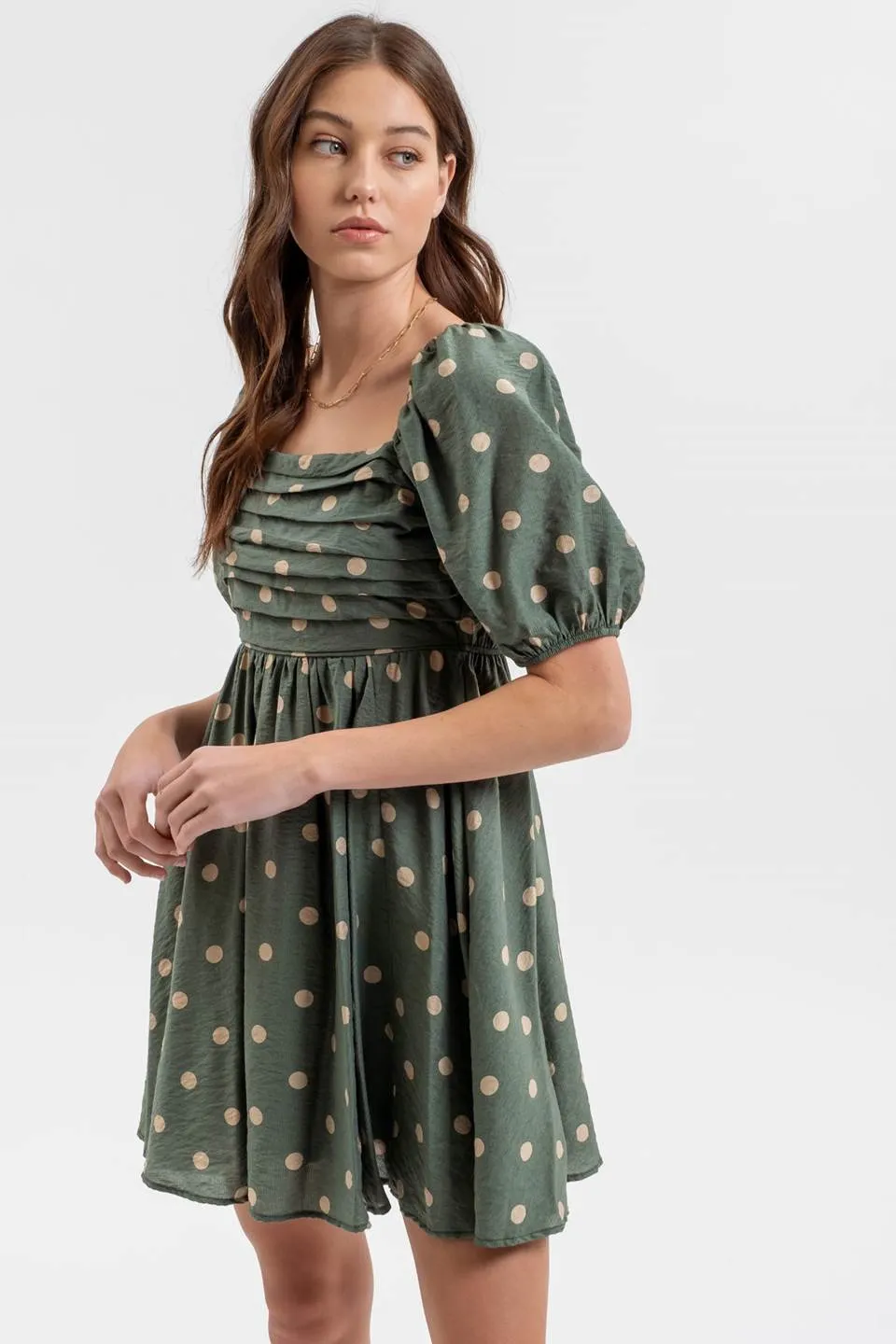 POLKA DOT BALLOON SLEEVE PLEATED MINI DRESS