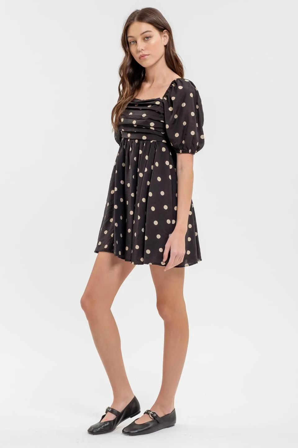 POLKA DOT BALLOON SLEEVE PLEATED MINI DRESS