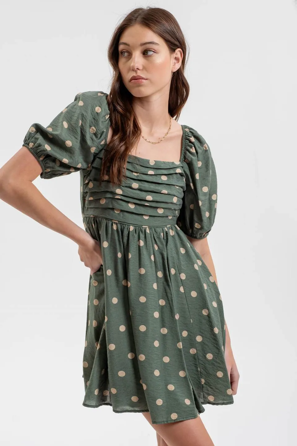 POLKA DOT BALLOON SLEEVE PLEATED MINI DRESS