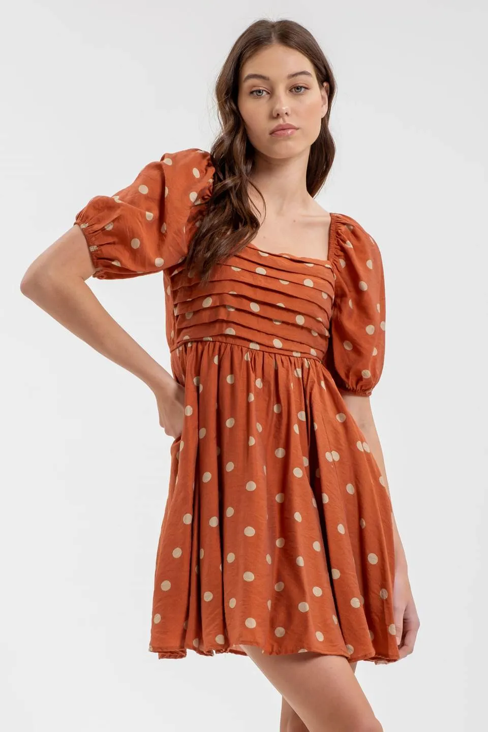 POLKA DOT BALLOON SLEEVE PLEATED MINI DRESS