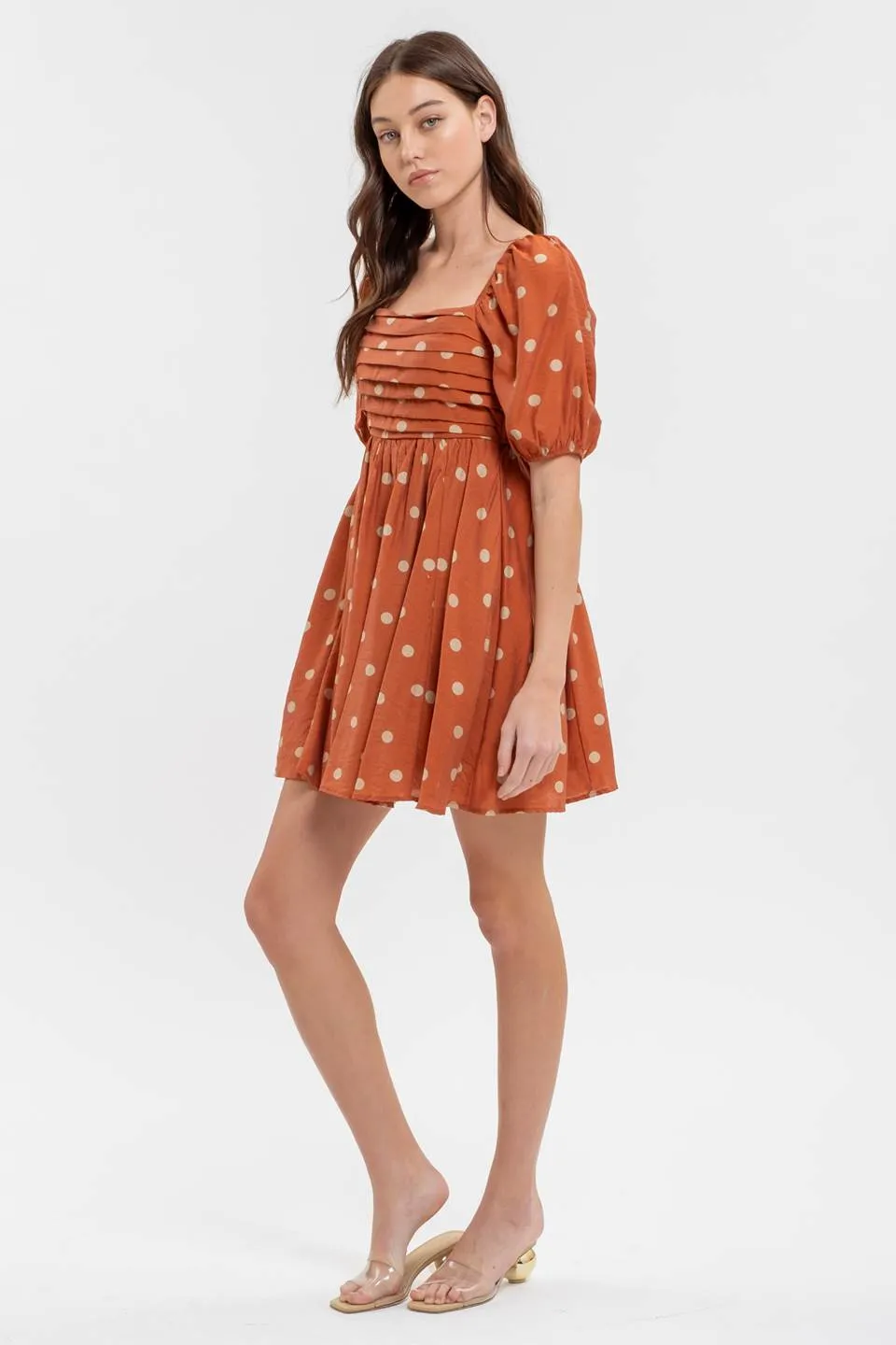 POLKA DOT BALLOON SLEEVE PLEATED MINI DRESS