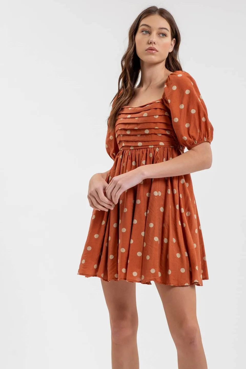 POLKA DOT BALLOON SLEEVE PLEATED MINI DRESS