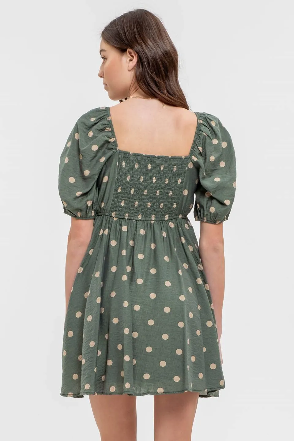 POLKA DOT BALLOON SLEEVE PLEATED MINI DRESS