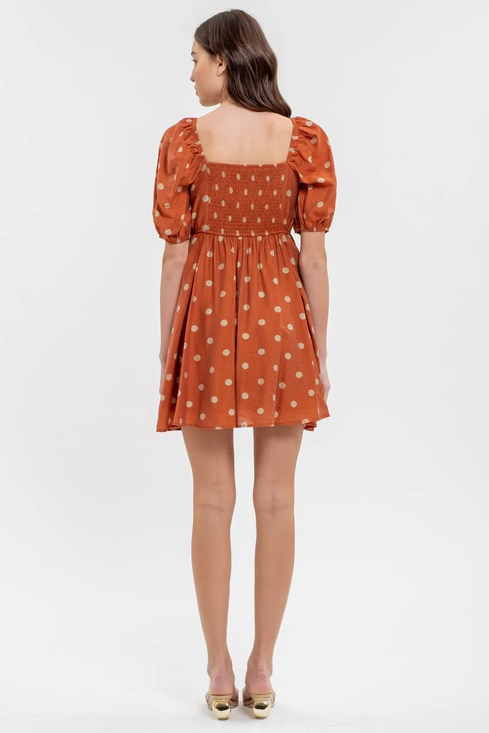 POLKA DOT BALLOON SLEEVE PLEATED MINI DRESS