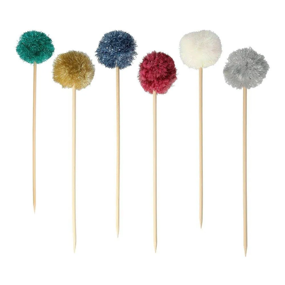 Pom Pom Cake Toppers, Set of 6 Birthday Cake Toppers in 6 Metallic Shades