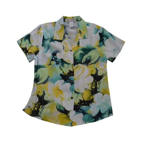 Rayon Women Aloha Shirt Aqua Floral Patterns