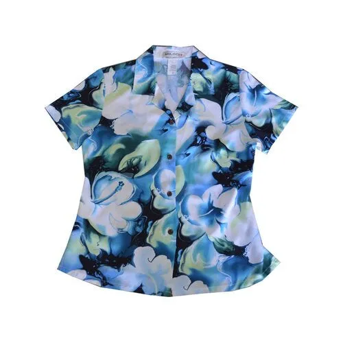 Rayon Women Aloha Shirt Aqua Floral Patterns