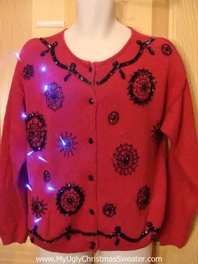 Red Light Up Ugly Xmas Sweater with Black Bead Bling