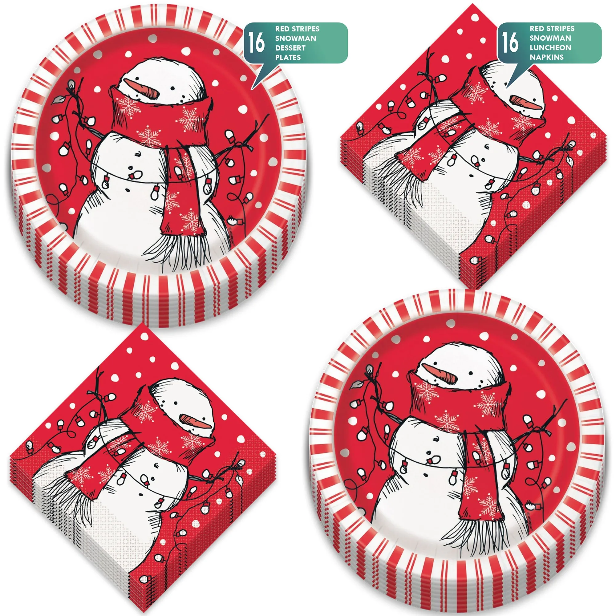 Red Stripe Rustic Snowman Christmas Holiday Paper Dessert Plates and Napkins (Serves 16)