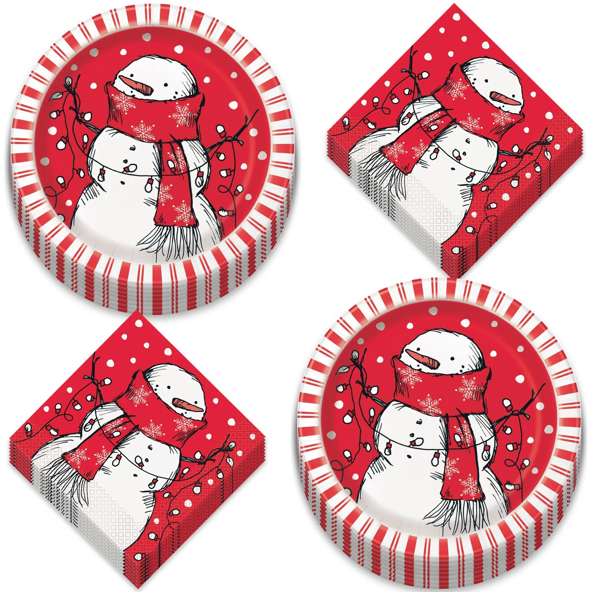 Red Stripe Rustic Snowman Christmas Holiday Paper Dessert Plates and Napkins (Serves 16)