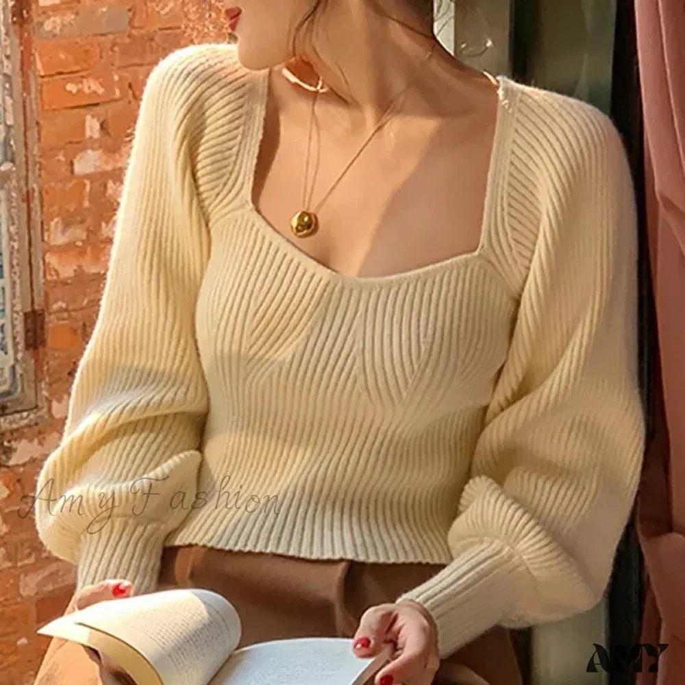 Retro Square Neck Fashionable Slimming Short Knitted Sweater