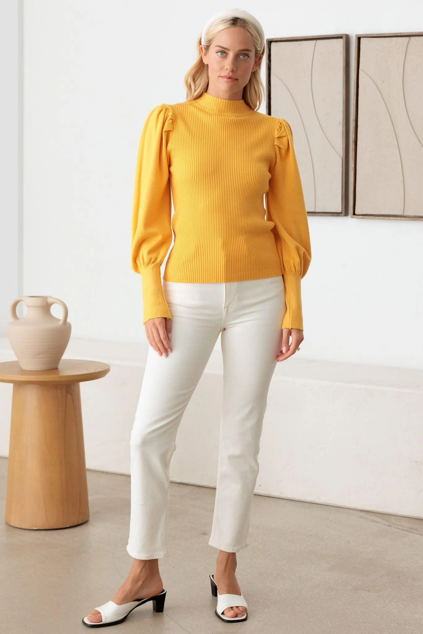 Ribbed Mock Neck Long Balloon Sleeve Sweater