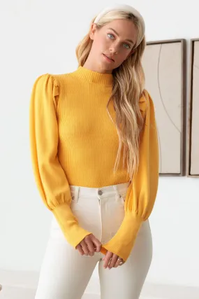 Ribbed Mock Neck Long Balloon Sleeve Sweater