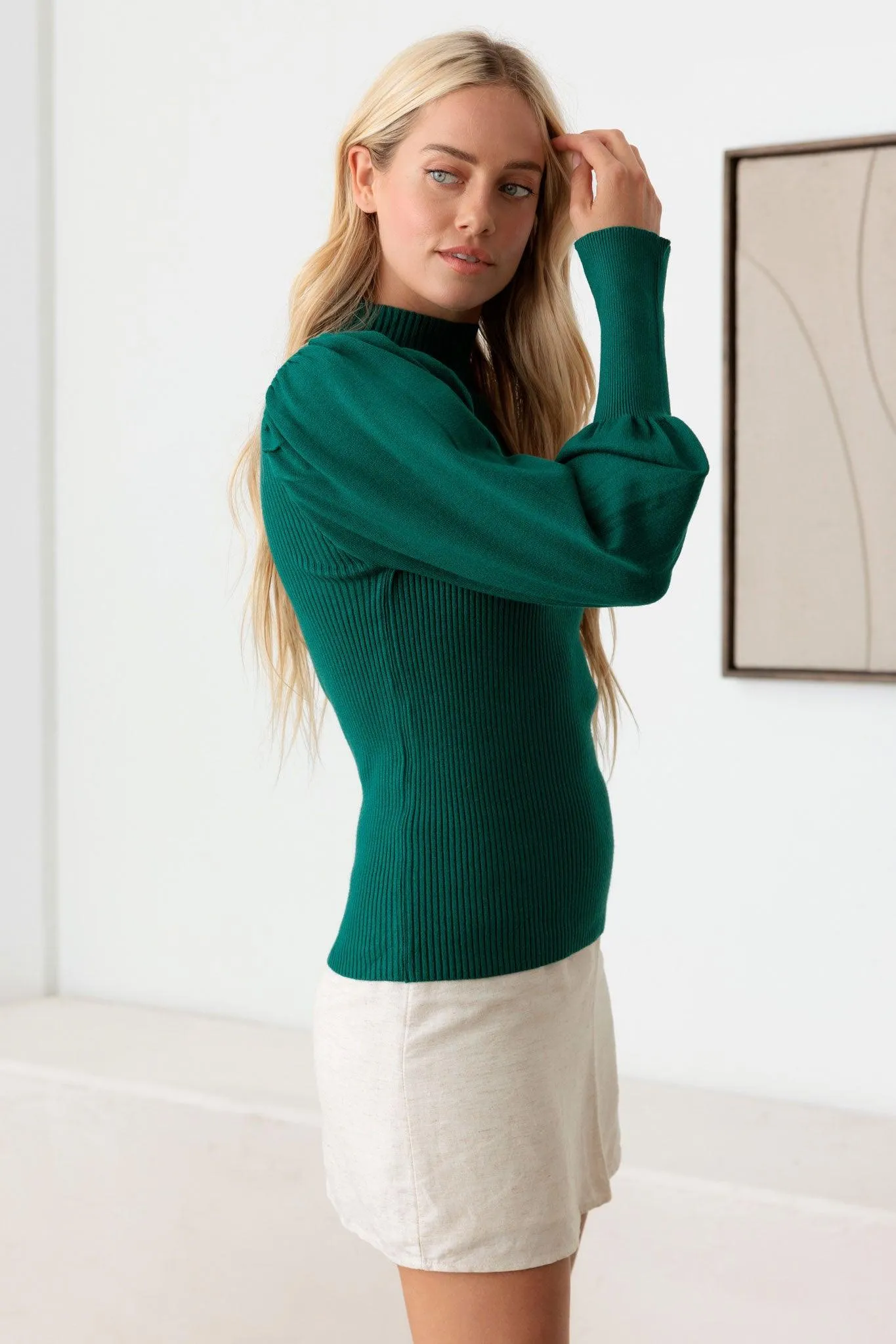 Ribbed Mock Neck Long Balloon Sleeve Sweater