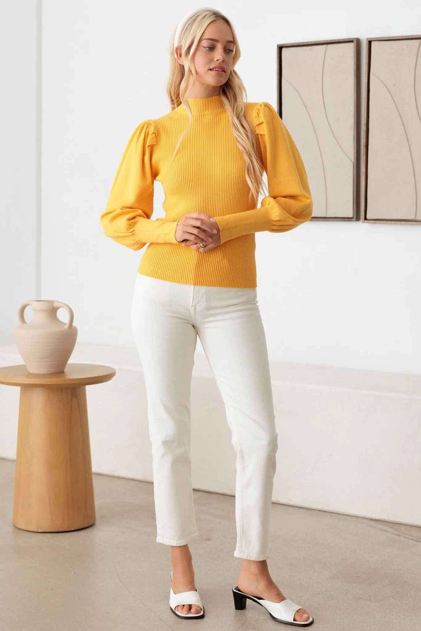 Ribbed Mock Neck Long Balloon Sleeve Sweater