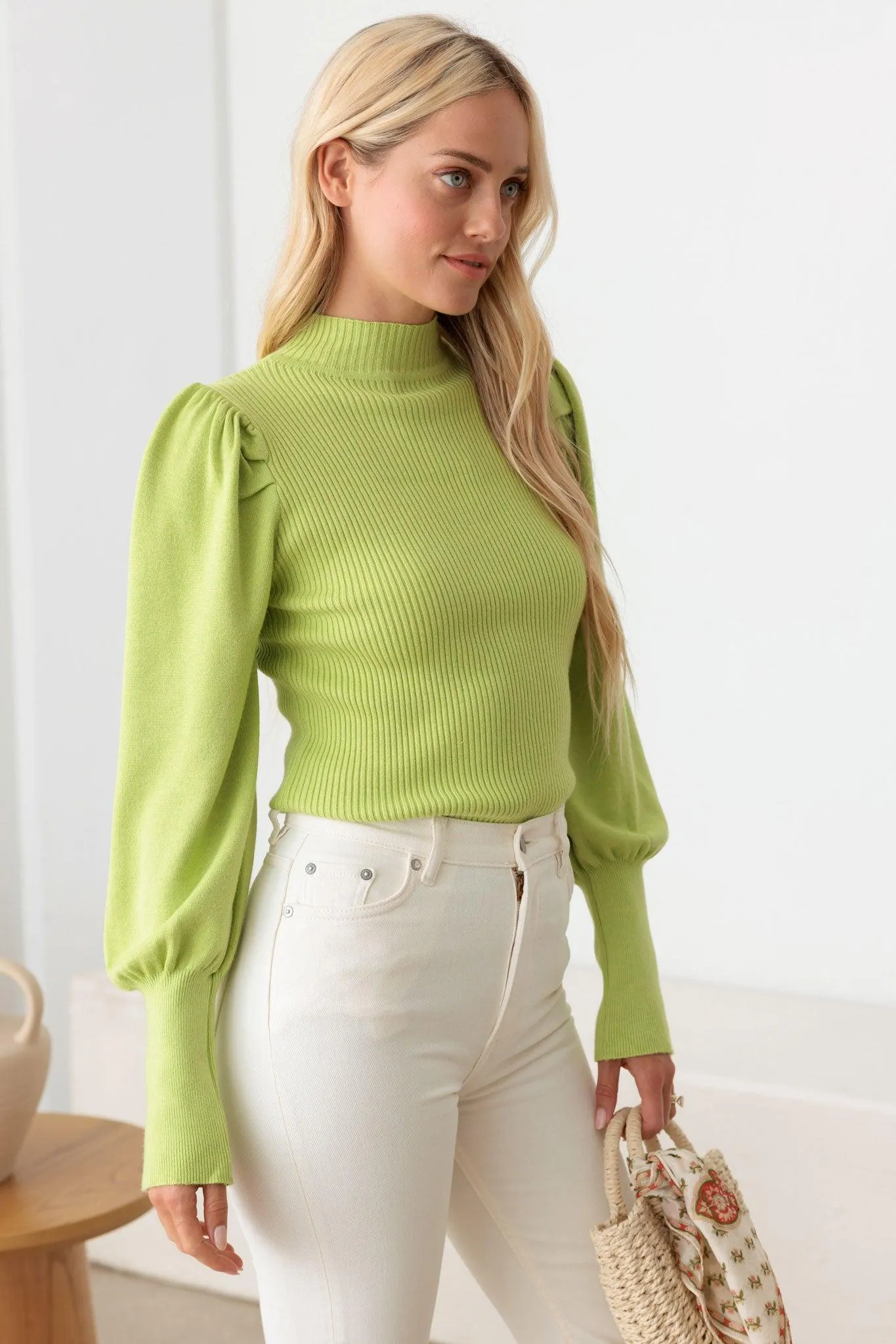 Ribbed Mock Neck Long Balloon Sleeve Sweater