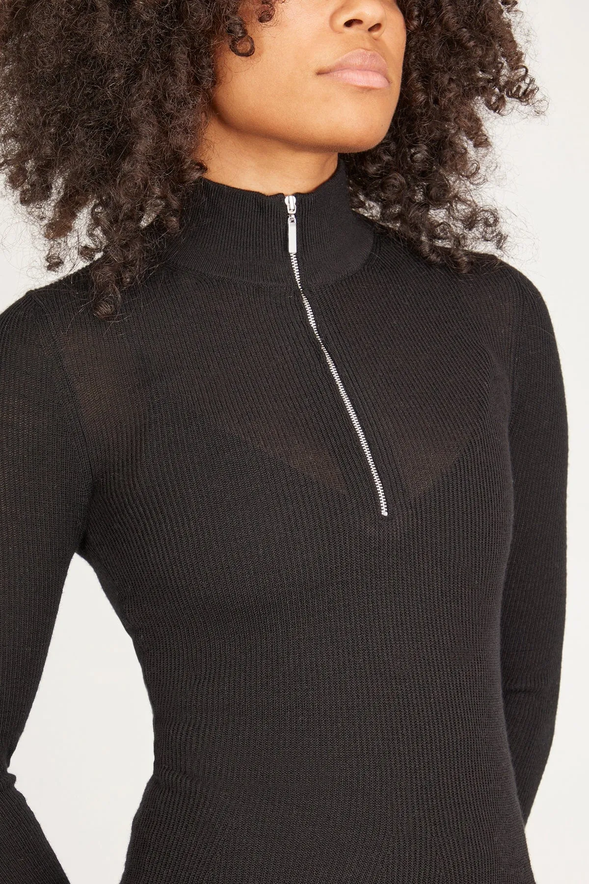 Ribbed Zip Up Turtleneck Dress in Black