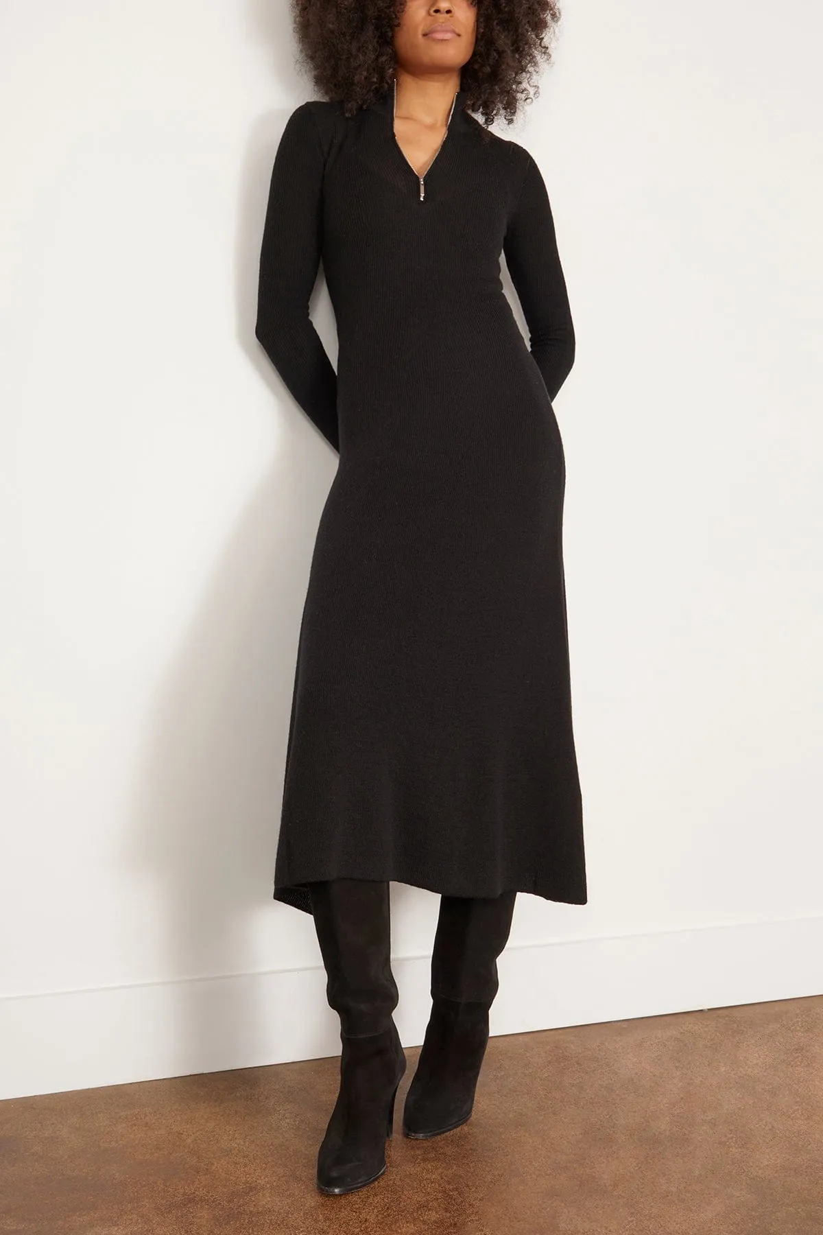 Ribbed Zip Up Turtleneck Dress in Black