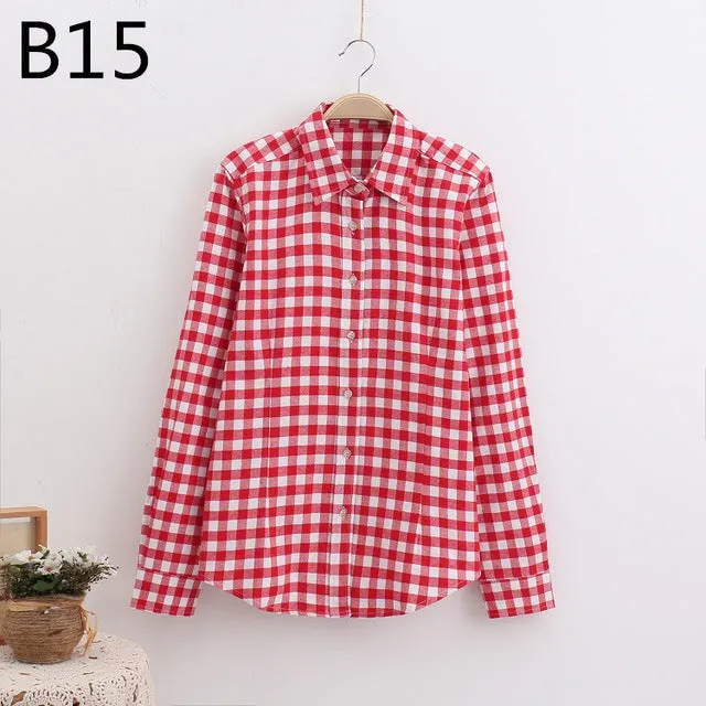 S-5XL Large Size Spring Autumn Blouse Casual Big Size Shirt Cotton Top Lapel Plaid Shirt Outwear Plus Size Women Clothing Blusas