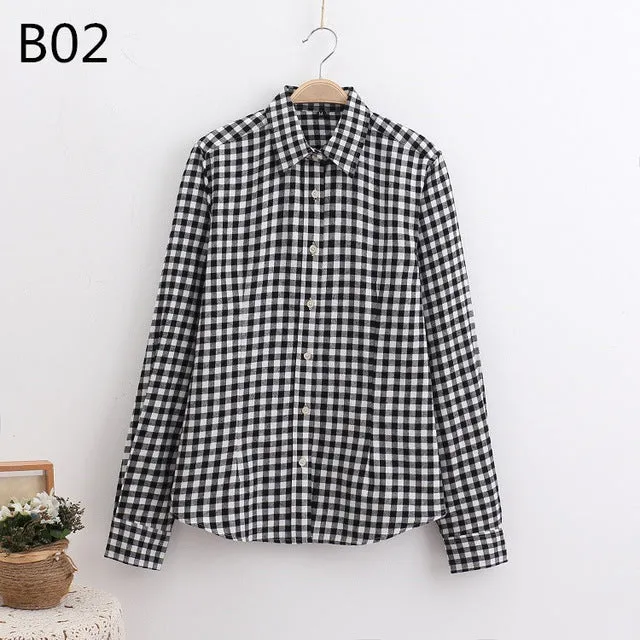 S-5XL Large Size Spring Autumn Blouse Casual Big Size Shirt Cotton Top Lapel Plaid Shirt Outwear Plus Size Women Clothing Blusas