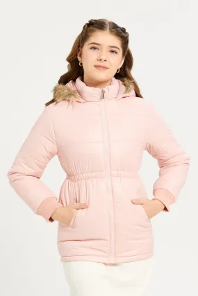 Senior Girls Pink Fur Hooded Jacket