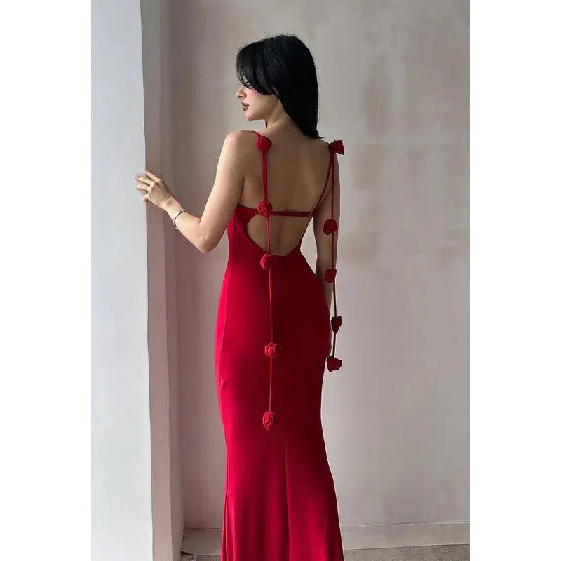 Simple & Casual Spaghetti Straps Open back Sheath Evening Party Holiday Prom Dress